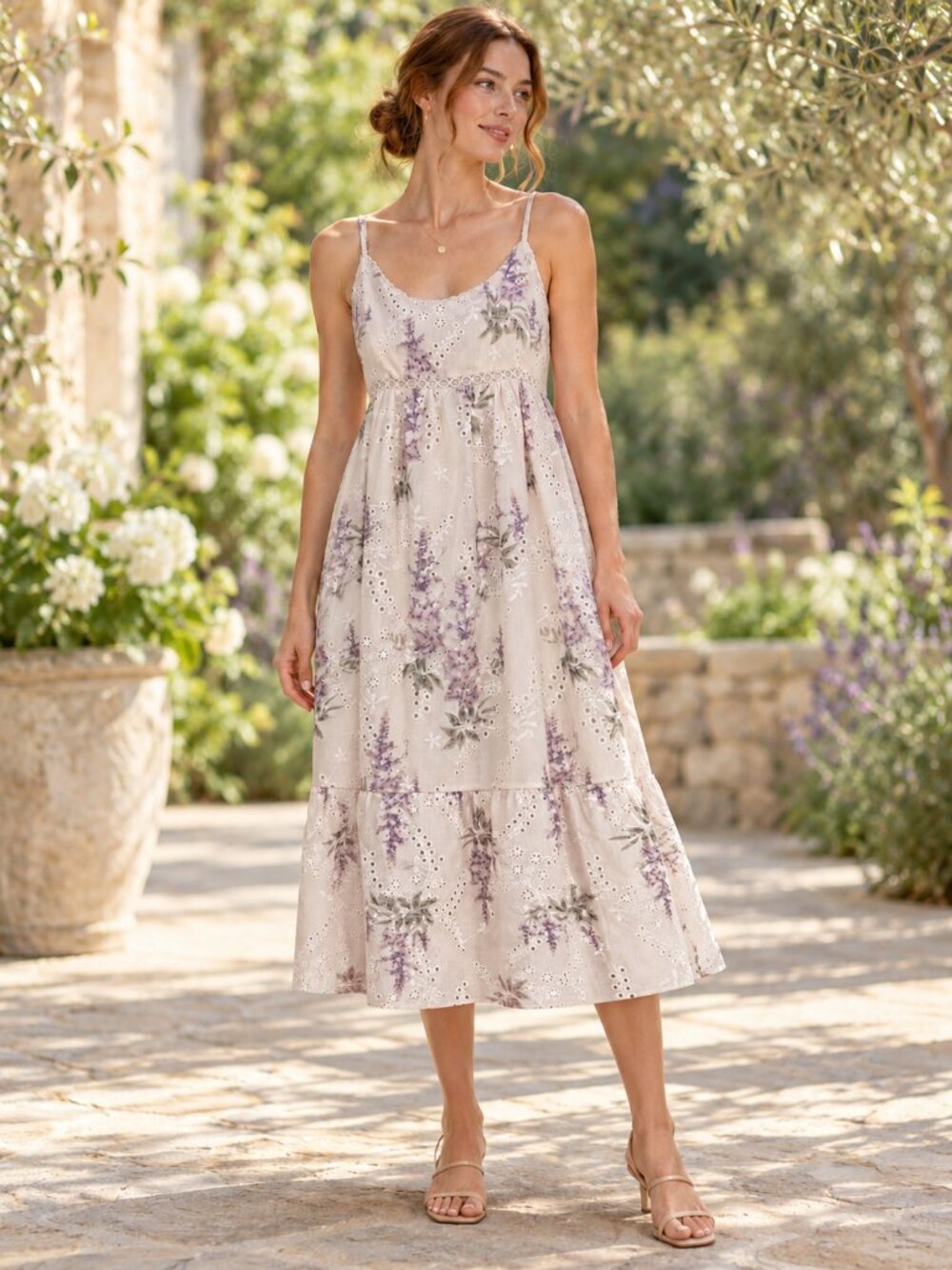 All in Favor Midi Dress Cream Violet Floral Eyelet Cottagecore Coastal Medium